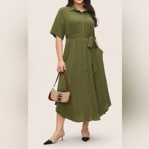 BloomChic Army Green Button Down Belted Maxi Dress Plus Size 18/20 2X Pockets